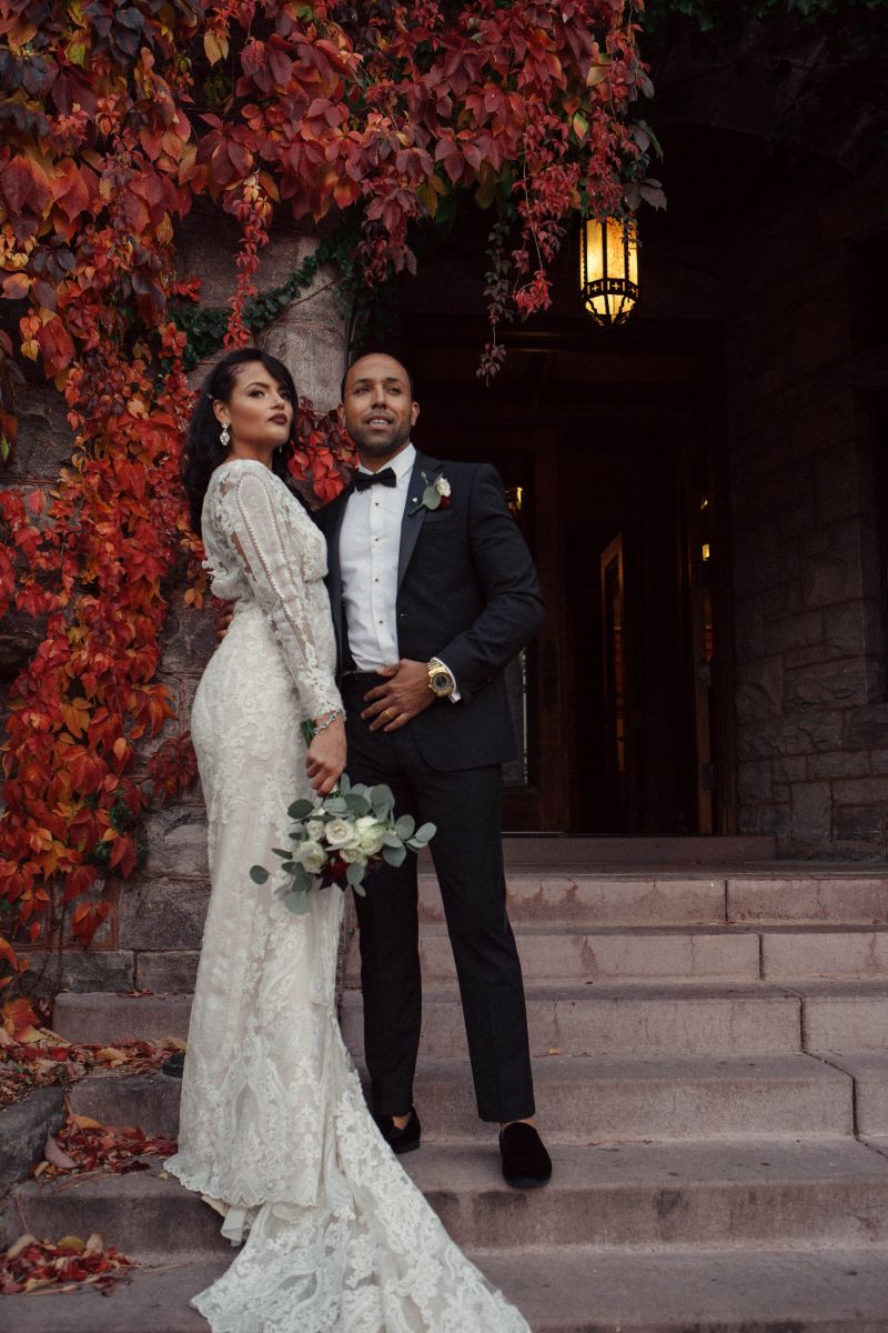 Bride and groom Van Dusen Mansion fall wedding 