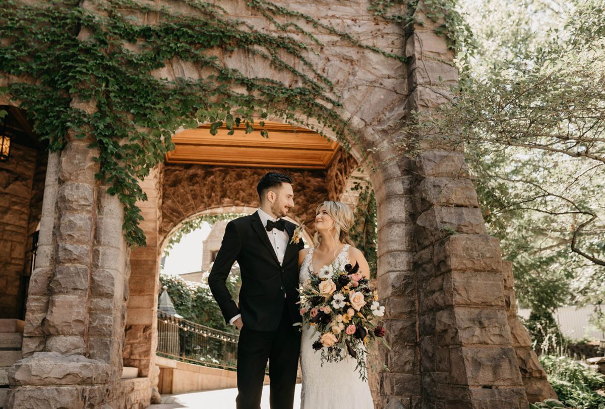 Bride and groom Van Dusen Mansion fall wedding 