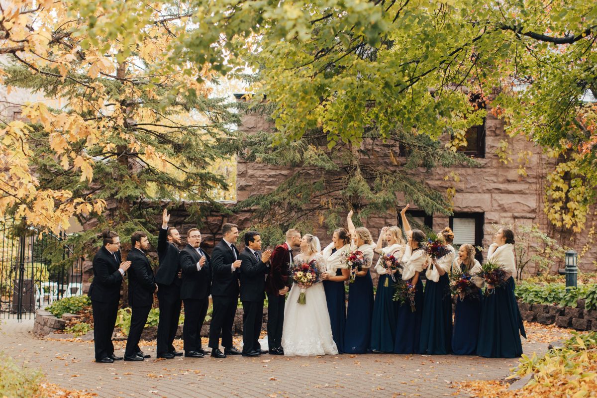 Bride and groom Van Dusen Mansion fall wedding 